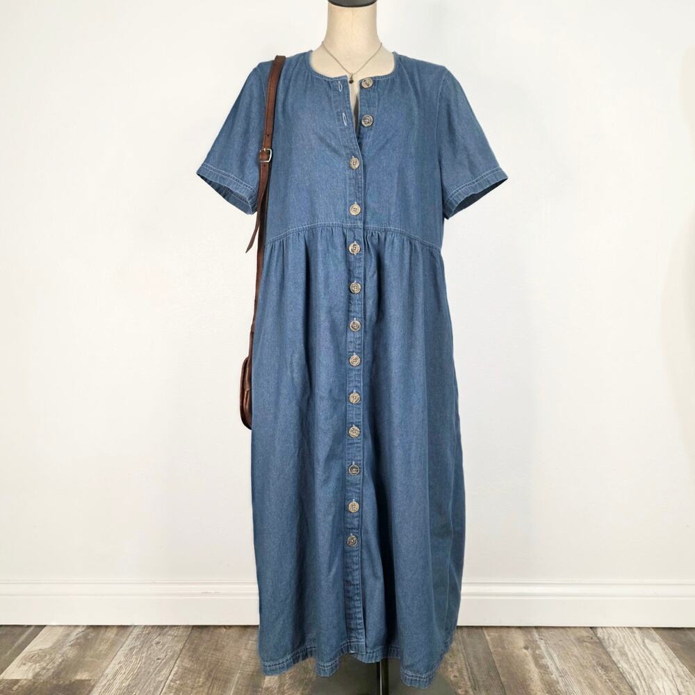 Denim Button Front Maxi Jumper Dress Blue Cotton Cottagecore Size Large Pockets